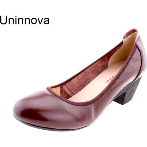 Uninnova Womens Basic Genuine Cow Leather Office Career Med Heels Pumps Zapatos De Mujer Work Shoes Footwear WP012 Plus Size 43