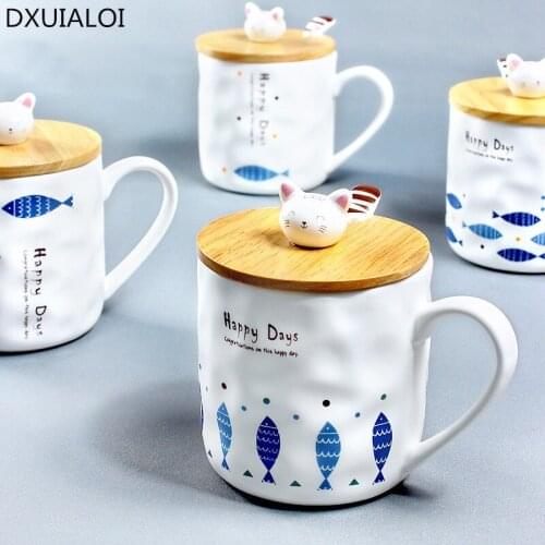 Japanese style creative cat and fish group mark ceramic cup cartoon with spoon with lid breakfast milk cup teacup Coffee cup