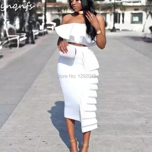 YNQNFS C31 White Party Dress Satin Tea Length 2 Piece Ruffles Robe Cocktail Dresses 2019