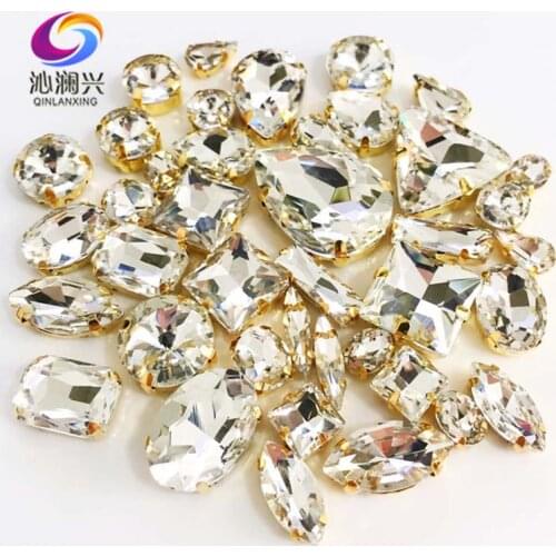 Factory sales Gold bottom white 3D top crystal glass sew on stones,mix size claw rhinestone diy/jewelry accessories 58pcs/pack