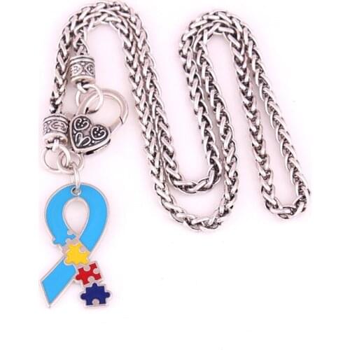 Unisex Pendant Necklace Autism Style Pattern Ribbon Shape Design Wheat Link Chain Personality Zinc Alloy Provide Dropshipping