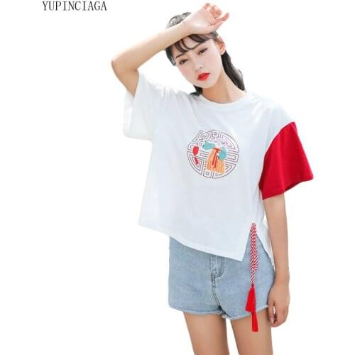 Japan Style Print Harajuku T Shirts O-neck Patchwork Half Sleeves Tassels Loose T shirt Femme Basic Tops Tees YUPINCIAGA