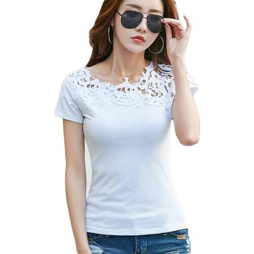 1 Summer Women Hollow Out T Shirts Women Lace Patchwork Basic T-shirts Office Lady Casual Tops Short Sleeve Tee Shirt Femme