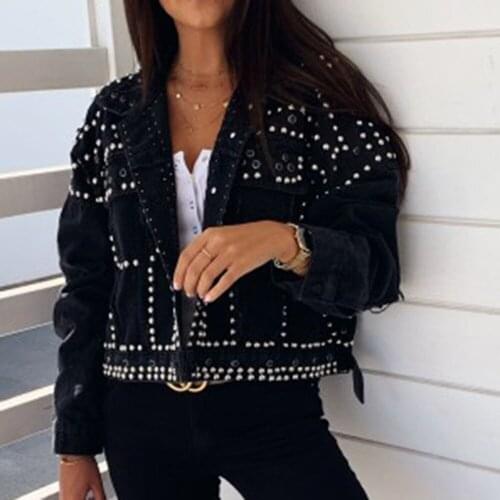 2020 Autumn Women Harajuku Rivet Jacket Coat Short Black Jeans Jacket Student Coats Outfit Long Sleeve Single-Breasted Jacket