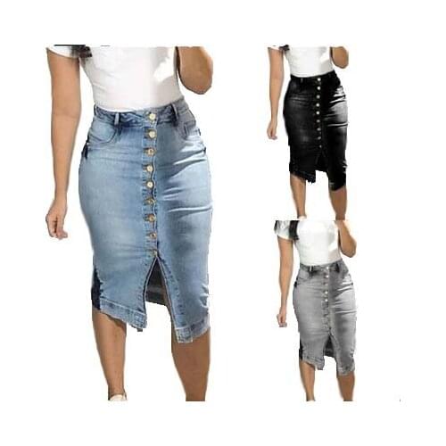 Women Summer Knee Length Denim Skirts Slim Bodycon Button Jeans Skirt Faldas Largas Mujer
