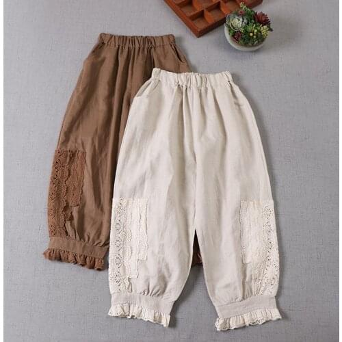 2021 New Spring Women Pants Japan Style Mori Girl Linen Lace Embroidery Elastic Waist Harem Pants Women