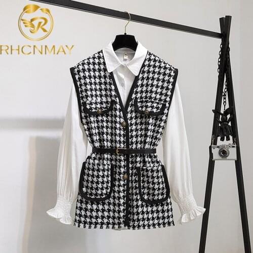 New 2021 Autumn New Suit Solid Color Simple Women Blouse + Chic Sashes Slim Waist Plaid Panelled Patchwork Vest 2 Piece Set