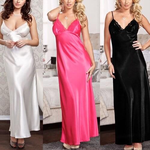 Women V-Neck Imitation Silk Satin Long Nightdress Sexy Lace Lingerie Nightgown Sleepwear Ladies Solid Plus Size Summer Fashion