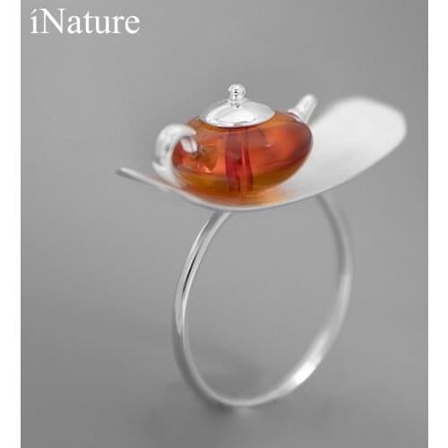 INATURE 925 Sterling Silver Natural Amber Teapot Open Ring For Women Jewelry