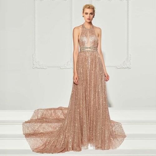 Tanpell halter neck lace evening dress pink sleeveless floor length court train gown women custom formal mermaid evening dresses