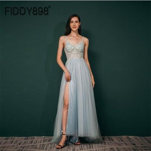Newest Evening Gowns Tulle Strap Formal Prom Dress Lace Beaded Hand Made Luxury Dress For Women Robe A-line Gown Split