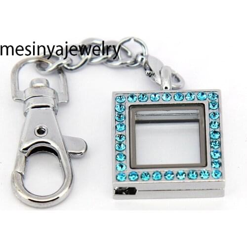 10pcs floating charms memory living blue zirconia square glass locket key rings keychains,locket included