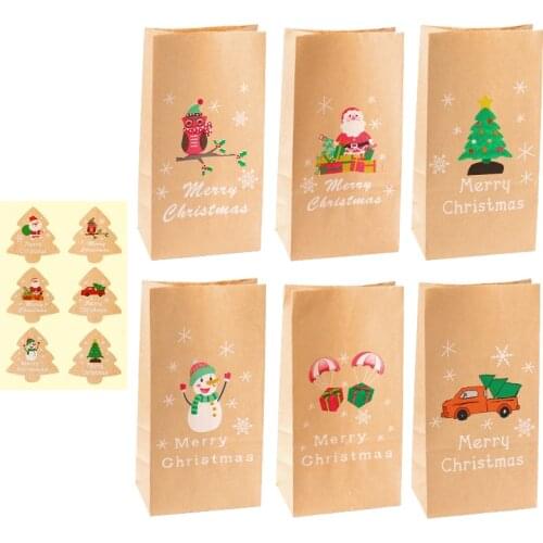 6sets Christmas Kraft Paper Gift Bag Cute Santa Claus Snowman Candy Bag Xmas Party Decor Stand up Paper Treat Bag with Stickers