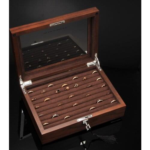 Large Luxury Elm Wood Jewelry Organizer Box With Glass Top Lid Ring Earring Jewelry Storage Case Display Holder with Lock Key
