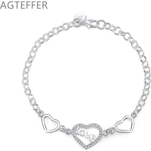 AGTEFFER 925 Sterling Silver Heart To Heart AAA Zircon Bracelet For Women Wedding Engagement Party Fashion Jewelry