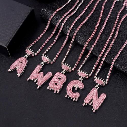 Bling Rhinestone Alphabet A-Z Initial Name Pendant Necklace For Women Men Pink Crown Letter Crystal Chain Necklace Trend Jewelry