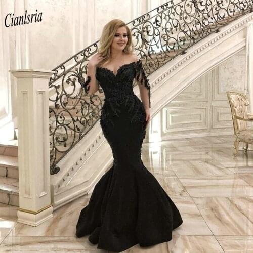Black Off The Shoulder Long Sleeve Dubai Arabic Mermaid Evening Dress Appliques Lace Beading Saudi Formal Evening Party Dresses