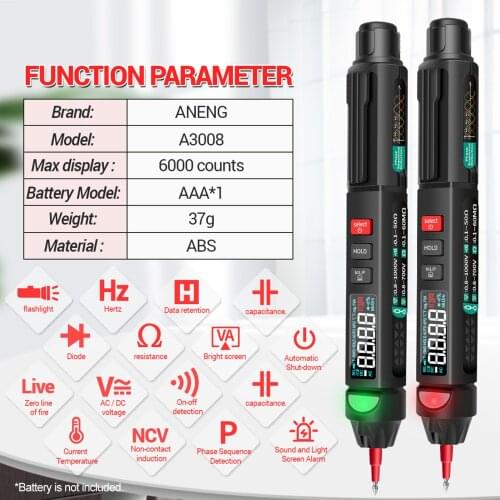 ANENG A3008 Digital Multimeter Professional Pen Multimeter Meter Tester Backlight Flashlight NCV Resistance Capacitance Test