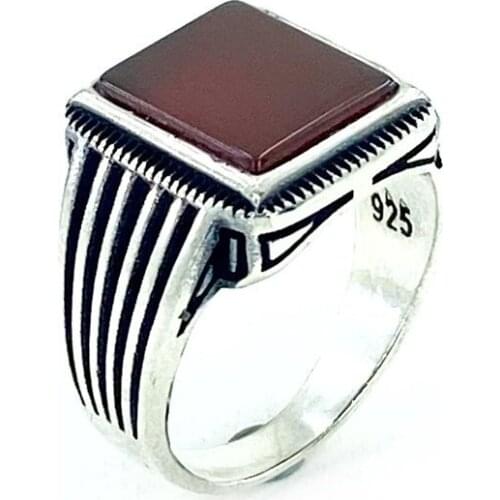 Square Agate Natural Stone Elegant Polite Silver Men 'S Ring