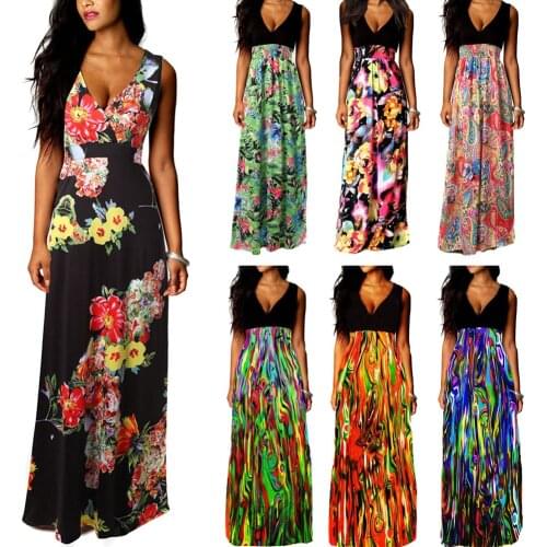 Euramerican Fashion Flower Printing Boho Deep V-neck Sleeveless Dress Long Maxi Dress Cocktail Party Evening Beach Sundress -OPK
