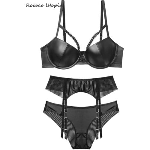 PU glossy gathered steel ring underwear ladies bra set push up leather girl lace lingerie panty set BC cup large size bralette