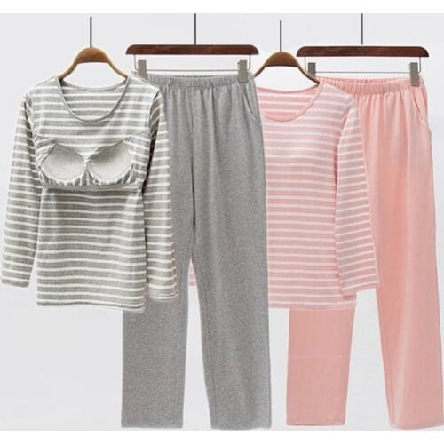 Cotton pajamas and cups one-piece womens striped home service autumn and winter with chest pad long sleeves can be worn outside