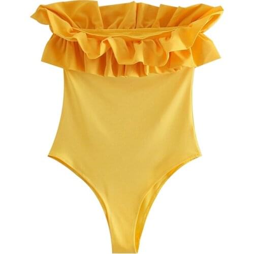 TRAF Women 2021 Fashion Off Shoulder Pleat Ruffles Slim Bodysuits Summer Beach Style Siamese Chic Rompers Streetwear