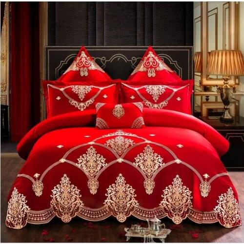 Red Embroidery Home Textile Bedding Set Luxury Princess Wedding Solid Color Duvet/Quilt Cover Bed sheet linen pillowcases Cotton