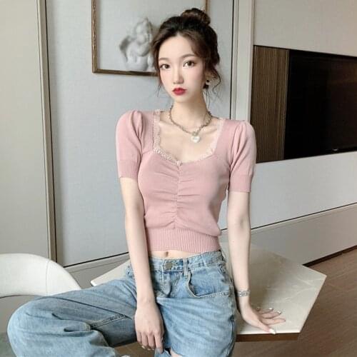 Summer Knitted T-shirt Summer Short Sleeve Tops Fashion Lace Stitching V-neck T-shirt