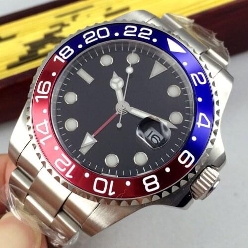 40MM Sterile Black Dial Sapphire Glass Date Luminous Blue Red Rotating Bezel Steel Bracelet GMT Automatic Movement Mens Watch