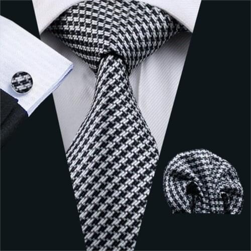 FA-774 Men`s Tie Black & White Novelty Silk Jacquard Woven Tie Hanky Cufflinks Set For Men Business Wedding Party Free Shipping