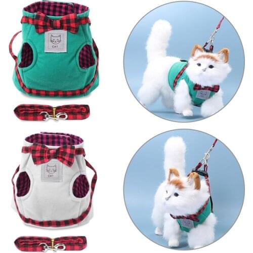 Soft Bow Plaid Warm Clothes Cat Puppy Vest Walk Leash Pet Clothes Nylon Mesh Cat Dog Pet Cat Harness And Leash Set