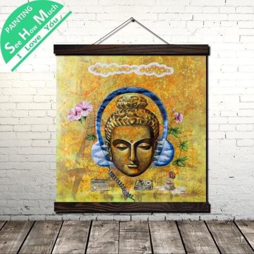 Headphone Buddha Scroll Painting Canvas Vintage Poster and Print Wall Art Picture Living Room Bedroom Farmhouse Decoration