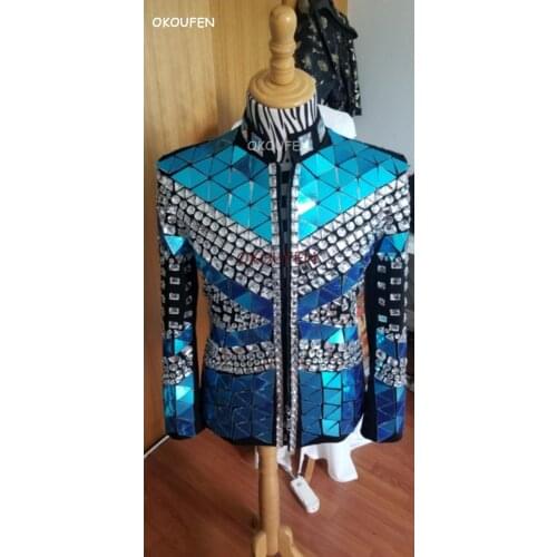 New Syle Mens blue Full mirror Royal Jacket stage costumes Night club male singer dancer show personality coat