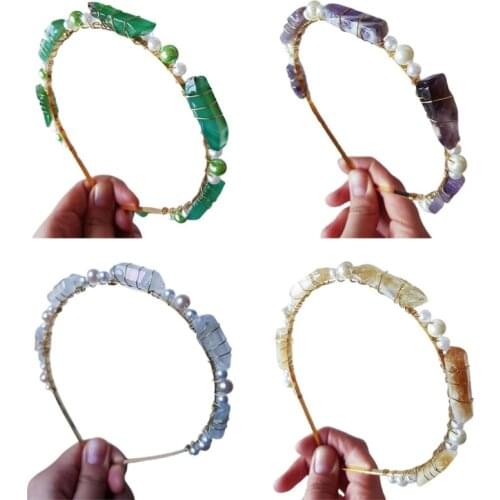 Natural Stone Raw Quartz Crystal Headband Pearl Beading Crown Hair Hoop Bohemian Wedding Party Jewelry Hair Accessories
