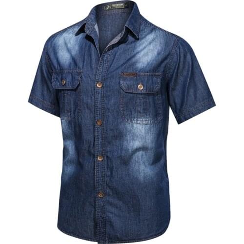 Mens Denim Shirts Short Sleeve Thin Cotton Slim Elastic Jeans Denim Shirts Men Summer High Quality Pockets Shirt Men