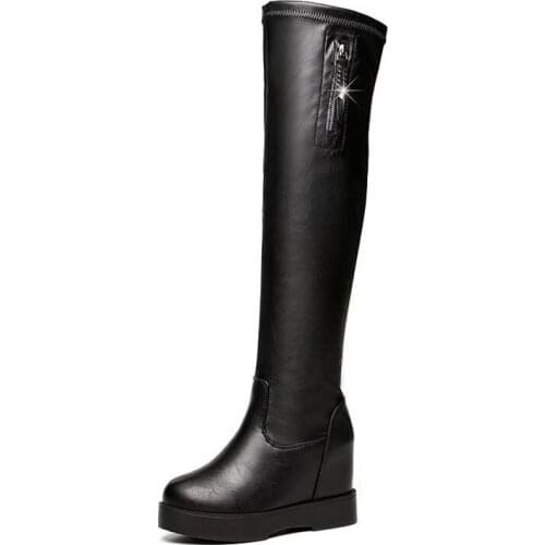 Thick-Soled Inner Heightening Wedge Heel Boots Waterproof Platform Flat-Bottom High Boots Autumn /Winter PU Over-The-Knee Boots