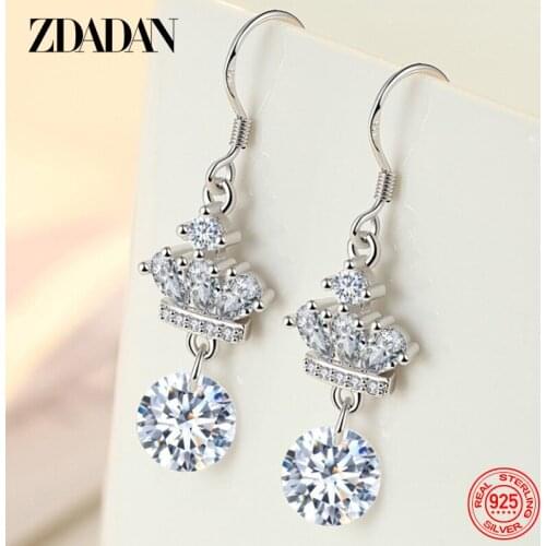 ZDADAN 925 Sterling Silver Crown Zircon Hanging Dangle Earrings For Women Fashion Wedding Jewelry Gifts