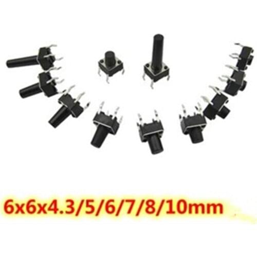 50pcs 6*6x4.3mm 6X6X5mm DIP Tactile Tact Mini Push Button Switch Micro Switch Momentary DIP-4 6X6X6 6x6x7 6x6x8 6x6x9 6x6x10