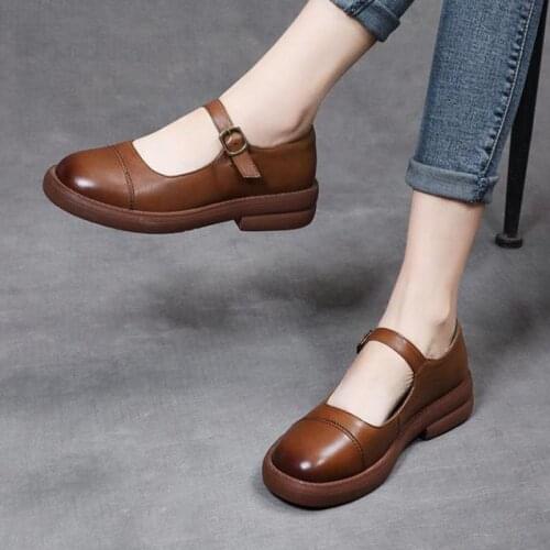 YourSeason Ladies Genuine Leather Buckle Strap Shoes 2021 Casual Round Toe Handmade Women Spring Autumn Vintage Pumps