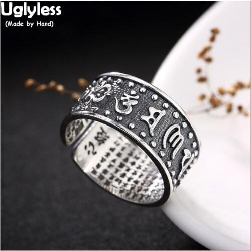 Uglyless 100% Real 999 Fine Silver Buddhism Six-word Open Rings for Women Heart Sutra Religious Gift Rings Thai Silver Brincos