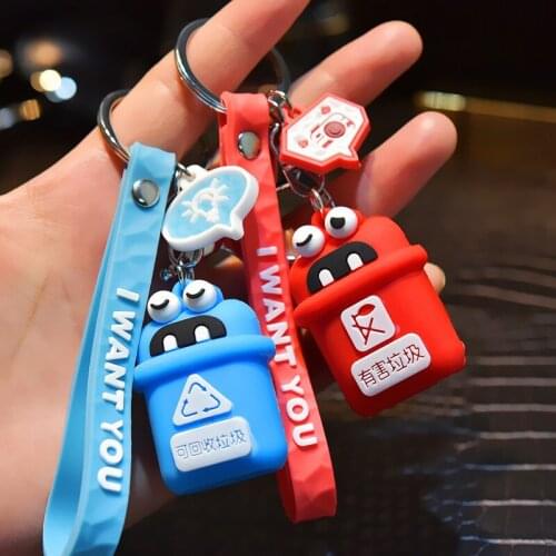 Explosion models mini PVC soft rubber garbage classification key chain creative environmental four-color trash can pendant