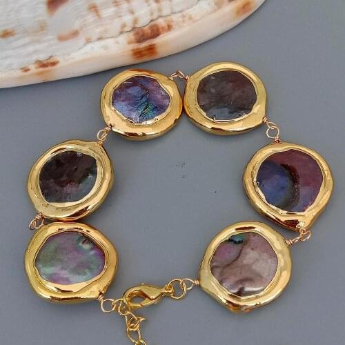 Y·YING Classic style Natural Freshwater Cultured Black Coin Pearl With Gold Electroplated Wrap Bracelet 8"