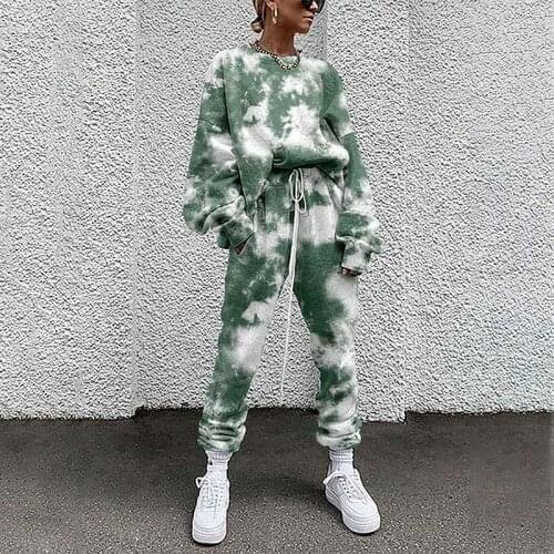 Women Tracksuit Two Piece Sets Tie-dye Print Casual Suits Loose Long Sleeve Pullover Top And Drawstring Pencil Pants Streetwear