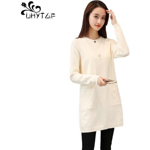 UHYTGF Woman Sweaters Long pullover Spring Autumn Clothes knit sweater Women External pocket design sweater mujer suéteres 946