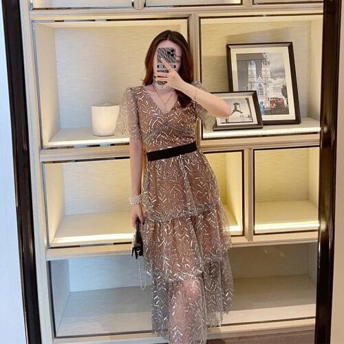 A-Line 2021 Elegant Short Sleeve Sexy Lace Embroidery Summer Sequin Party Print Boho Mesh Dresses Women Dress Vestidos Maxi Robe
