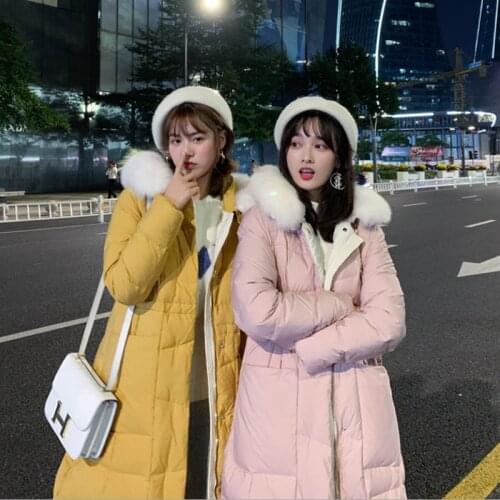 Winter new style hooded duck down jacket with fur collar loose fashion long women coats waist slim over knee jackets for ladies