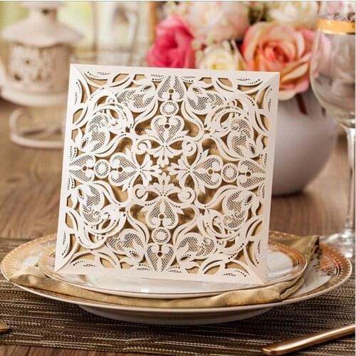 100pcs Square Beige Laser Cut Lace Flower Invitation Cards for Engagement Wedding Birthday Graduations Anniversary Free Ship