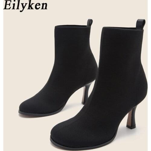 Eilyken High Quality Round Toe Comfortable Knitting Ankle Boots Fashion Slip-On Apricot Winter Ladies Stretch High Heels Shoes