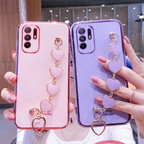 Wrist Bracelet Phone Case for Oppo A95 Case Luxury Love Heart Chain Plating Cover Capa oppo A95 A94 A93 5G A54 A74 4G Silicone